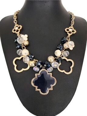 Navy Blue Enamel Clover Quatrefoil Pendants Necklace Crystals Beads Charms